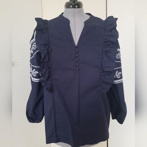 Neiman Marcus Navy Cotton Embroidered Top with Branded Tag Size XL New